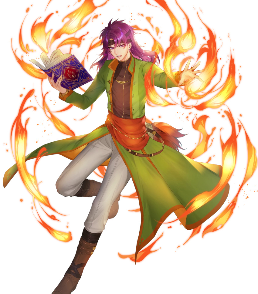1boy bangs black_shirt book boots brown_footwear coat fire fire_emblem fire_emblem:_the_binding_blade fire_emblem_heroes green_coat hairband highres holding holding_book hugh_(fire_emblem) ichibi long_hair long_sleeves looking_at_viewer male_focus non-web_source official_art open_clothes open_coat pants purple_hair red_sash sash shirt solo transparent_background violet_eyes white_pants