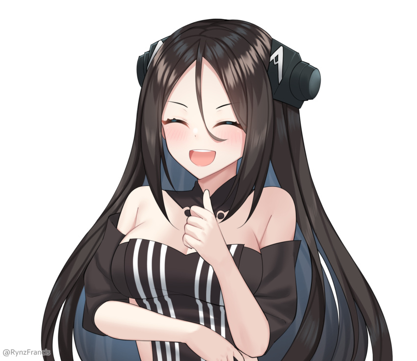 1girl black_hair breasts closed_eyes detached_collar detached_sleeves dreamer_(girls'_frontline) girls_frontline hair_between_eyes headgear highres large_breasts long_hair rynzfrancis sangvis_ferri solo thumbs_up