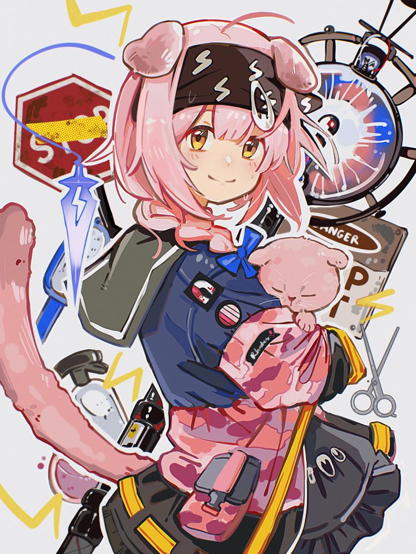 1girl ahoge animal animal_ears arknights bangs black_hairband black_skirt blue_bow blush bow braid cat cat_ears cat_girl cat_tail closed_mouth cowboy_shot eyebrows_visible_through_hair from_side goldenglow_(arknights) hair_bow hair_brush hairband highres holding holding_animal holding_cat jacket lightning_bolt_print long_hair long_sleeves looking_at_viewer looking_to_the_side pink_jacket road_sign saka_(sakadesu0612) scissors scottish_fold side_braid sign skirt smile solo staff stop_sign tail yellow_eyes