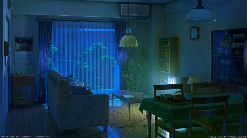 3d air_conditioner arsenixc calendar_(object) clock commentary_request couch cup highres indoors lamp lightning mixed-language_commentary night no_humans original pillow scenery table television tree tv_show window