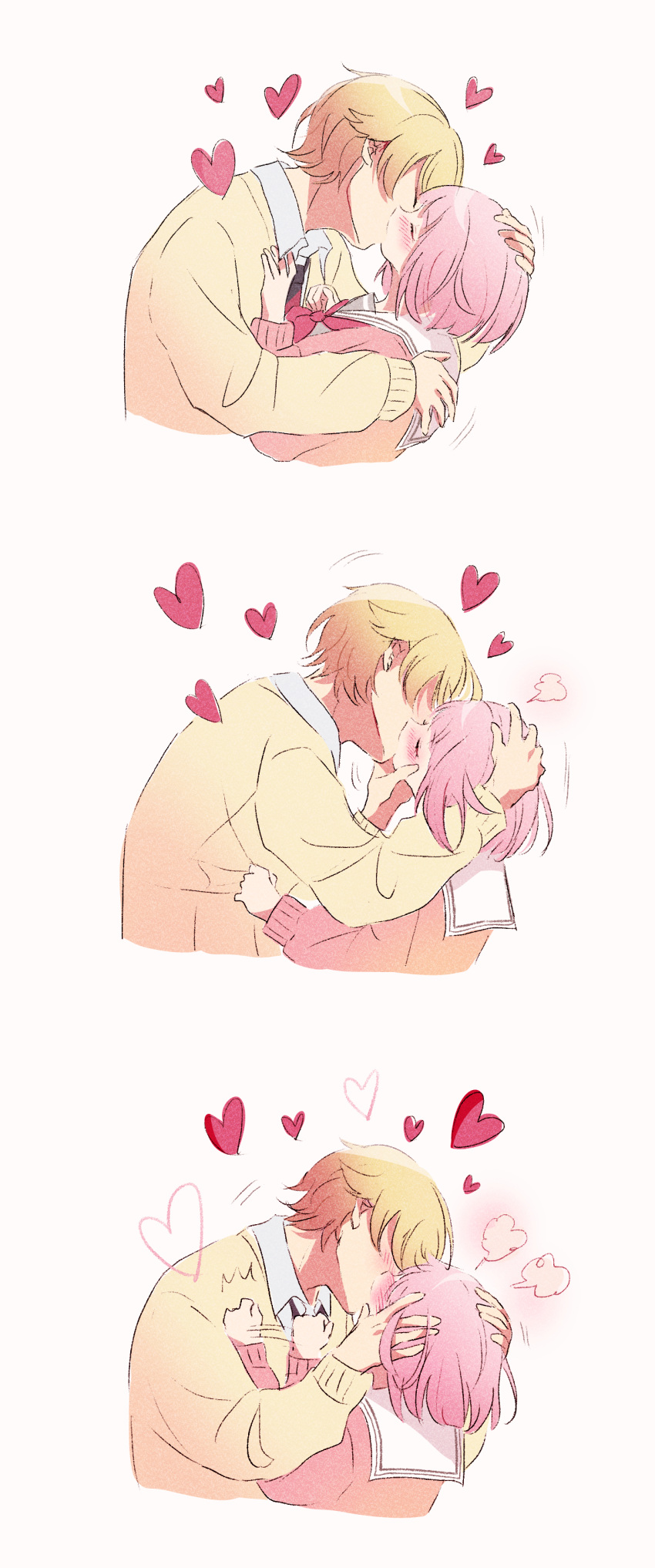 1boy 1girl absurdres blonde_hair blush closed_eyes french_kiss hands_on_another's_head heart highres kiss long_sleeves momomo_(m0_3) pink_hair pink_sweater project_sekai sailor_collar school_uniform short_hair simple_background sweater white_sailor_collar yellow_sweater