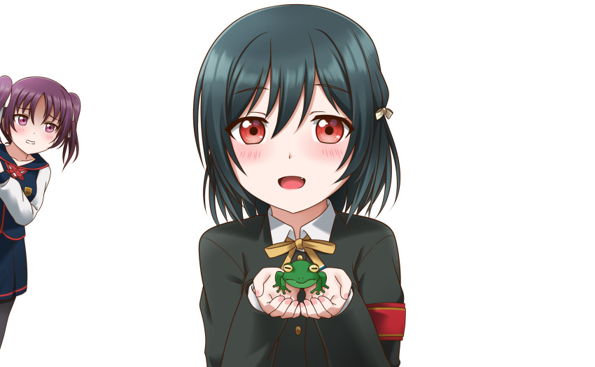 2girls animal black_hair blush eyebrows_visible_through_hair fang frog highres holding holding_animal jan_azure kazuno_leah lips long_sleeves looking_at_another looking_at_viewer love_live! love_live!_nijigasaki_high_school_idol_club mifune_shioriko multiple_girls open_mouth parted_lips purple_hair red_eyes short_hair short_twintails smile twintails violet_eyes