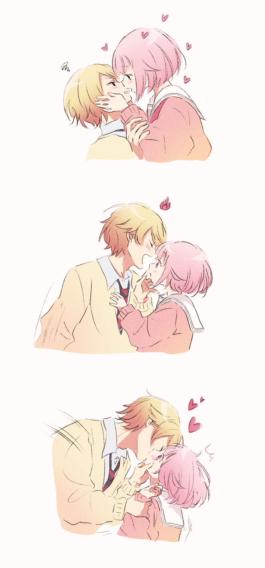 1boy 1girl absurdres blonde_hair face-to-face french_kiss heart highres kiss looking_at_another momomo_(m0_3) necktie pink_hair pink_sweater project_sekai sailor_collar school_uniform short_hair simple_background sweater white_sailor_collar yellow_sweater