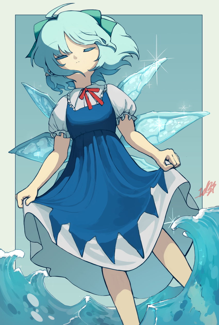 1girl ahoge aqua_bow bangs blue_background blue_dress blue_hair blue_wings border bow breasts cirno closed_eyes closed_mouth commentary doggo_1d34 dress dutch_angle english_commentary eyebrows_visible_through_hair facing_viewer fairy fairy_wings feet_out_of_frame floating_hair frilled_shirt frilled_shirt_collar frilled_sleeves frills glint hair_bow highres ice ice_wings mixed-language_commentary neck_ribbon outdoors outside_border pinafore_dress puffy_short_sleeves puffy_sleeves red_ribbon ribbon shirt short_hair short_sleeves signature skirt_hold small_breasts solo sparkle standing touhou wading water waves white_border white_shirt wind wings