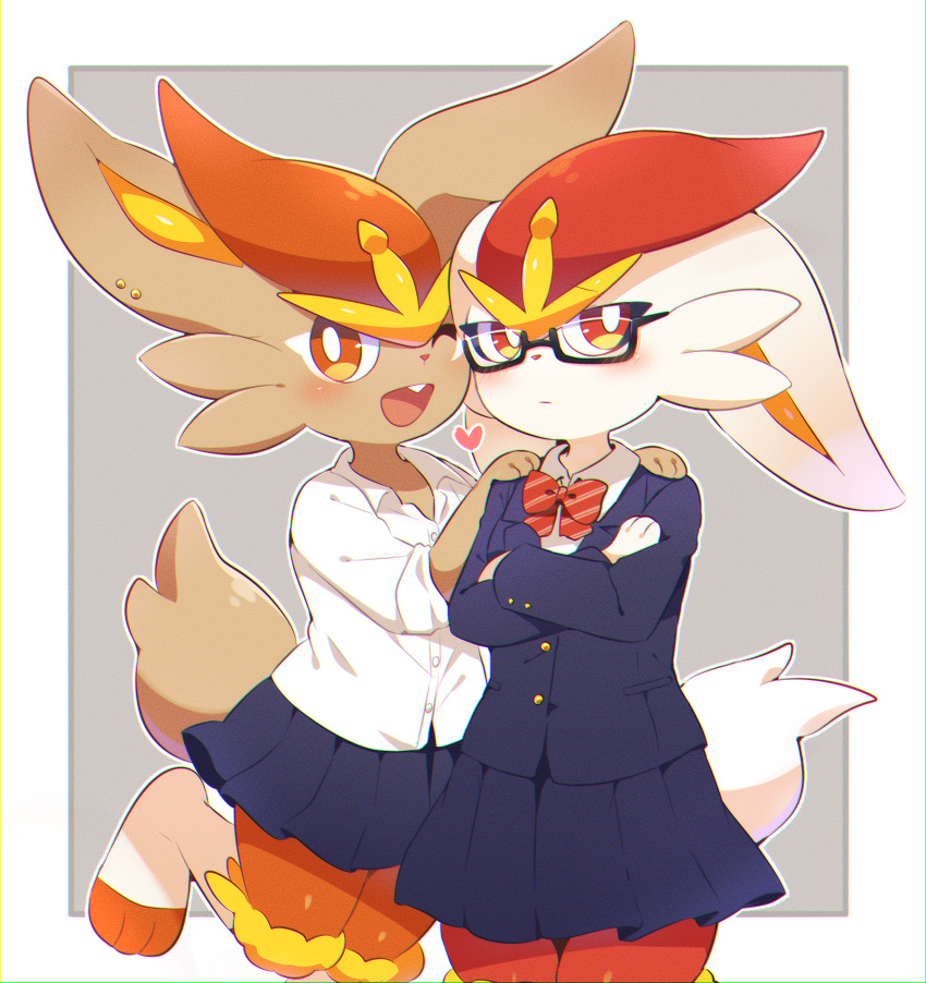 2girls absurdres alternate_color animal_ears animal_feet black-framed_eyewear blue_jacket blue_skirt blush body_fur border bow bowtie bright_pupils brown_fur buck_teeth buttons cheek-to-cheek chromatic_aberration closed_mouth clothed_pokemon collared_shirt commentary_request cowboy_shot crossed_arms flat_chest furry furry_female glasses grey_background hands_on_another's_shoulders hands_up happy heads_together heart highres jacket leg_up long_sleeves looking_at_viewer looking_away looking_to_the_side miniskirt multiple_girls one_eye_closed open_mouth orange_fur orange_hair outline outside_border partial_commentary pleated_skirt pocket pokemon pokemon_(creature) rabbit_ears rabbit_girl rabbit_tail red_bow red_bowtie red_eyes red_fur redhead school_uniform scorbunny semi-rimless_eyewear shiny_pokemon shirt short_hair short_sleeves simple_background skirt smile standing standing_on_one_leg striped striped_bow striped_bowtie subaru331 tail teeth unmoving_pattern white_border white_fur white_outline white_pupils white_shirt
