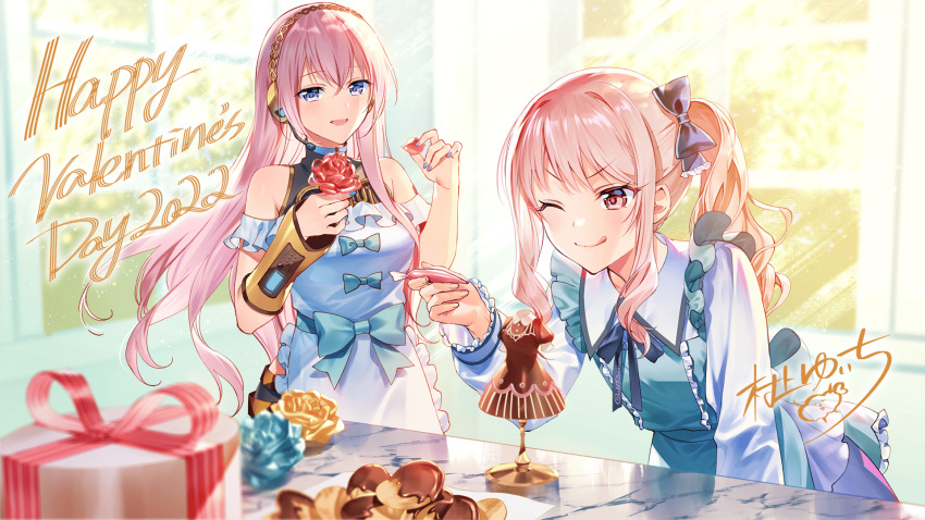 1girl 1other 2022 :q ;q akiyama_mizuki apron aqua_bow bangs blue_bow blue_eyes blue_nails bow box chocolate closed_mouth commentary detached_sleeves english_commentary english_text flower frilled_apron frills gift gift_box hair_bow hairband happy_valentine headphones headset highres indoors long_hair long_sleeves mannequin megurine_luka microphone murakami_yuichi official_art one_eye_closed pink_eyes pink_hair project_sekai puffy_long_sleeves puffy_sleeves shirt side_ponytail sidelocks signature smile tongue tongue_out v-shaped_eyebrows valentine very_long_hair vocaloid white_apron white_shirt window