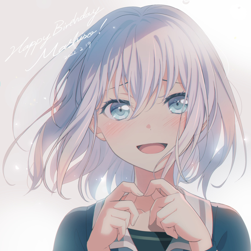1girl :d absurdres bang_dream! bangs blue_eyes blue_shirt blush character_name commentary dated fingers_together gradient gradient_background grey_background hair_between_eyes hands_up happy_birthday highres kurata_mashiro light_particles long_sleeves looking_at_viewer medium_hair nobusawa_osamu nose_blush official_art open_mouth portrait school_uniform shirt silver_hair smile solo tsukinomori_school_uniform white_background