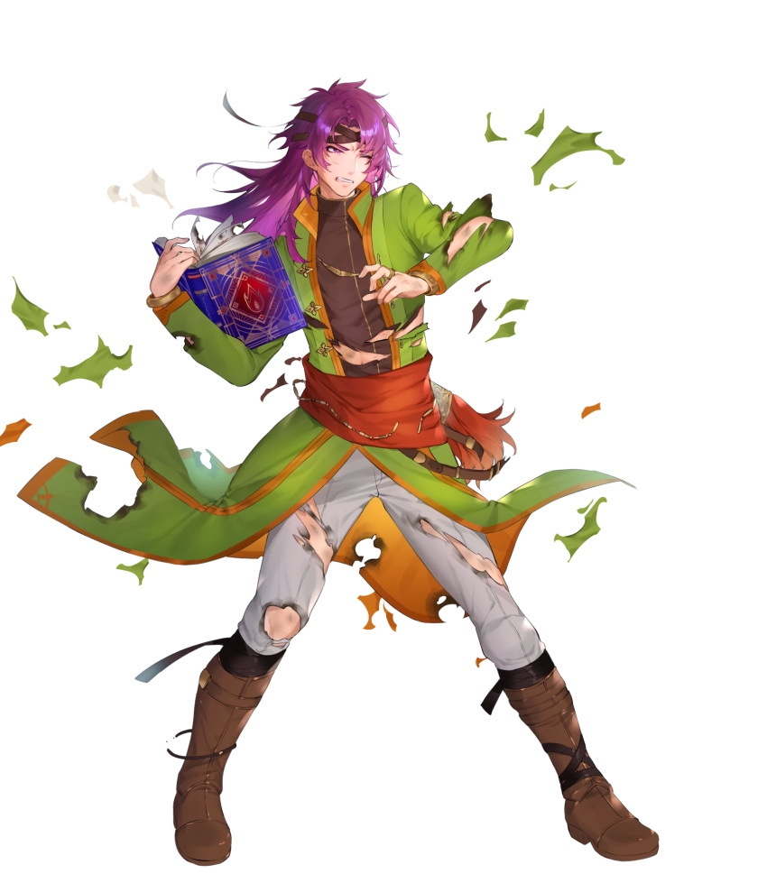 1boy bangs black_shirt book boots brown_footwear clenched_teeth coat fire_emblem fire_emblem:_the_binding_blade fire_emblem_heroes full_body green_coat hairband highres holding holding_book hugh_(fire_emblem) ichibi long_hair long_sleeves male_focus official_art one_eye_closed open_clothes open_coat pants purple_hair red_sash sash shirt solo standing teeth torn_clothes torn_coat torn_pants transparent_background violet_eyes white_pants