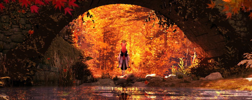 1girl absurdres autumn_leaves back_bow bow bridge chinese_commentary commentary_request day english_text facing_away from_behind genshin_impact highres japanese_clothes leaf lifeline_(a384079959) long_hair low-tied_long_hair maple_leaf outdoors pink_hair reeds river scenery solo standing tree wide_shot yae_miko