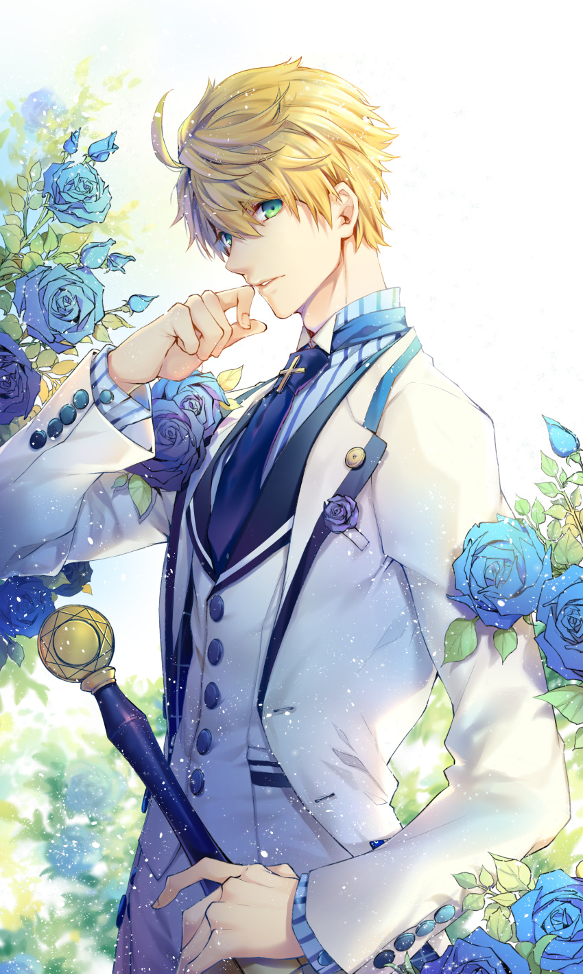 1boy absurdres ahoge arthur_pendragon_(fate) arthur_pendragon_(white_rose)_(fate) blonde_hair blue_flower blue_necktie blue_rose excalibur_(fate/prototype) eyebrows_visible_through_hair fate/grand_order fate_(series) flower formal green_eyes highres holding holding_flower jacket kingchenxi light_particles long_sleeves looking_at_viewer necktie pants rose shirt short_hair striped striped_shirt suit sword tie_clip type-moon upper_body vertical-striped_shirt vertical_stripes waistcoat weapon white_jacket white_pants white_suit