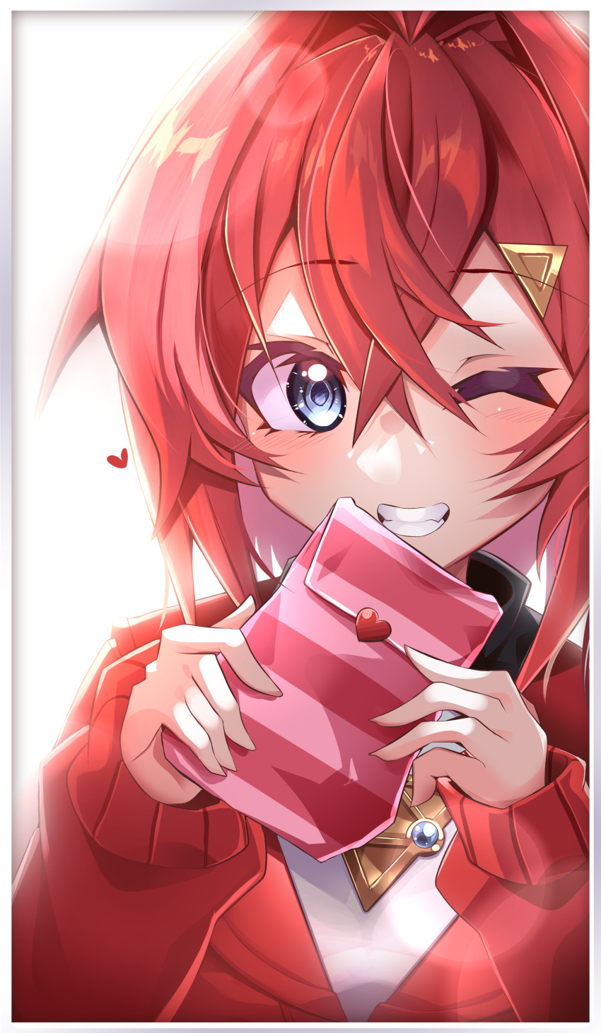1girl absurdres ange_katrina blue_eyes blush envelope eyebrows_visible_through_hair heart highres holding holding_envelope looking_at_viewer love_letter nijisanji one_eye_closed papa-kun_(destiny549-2) portrait red_sweater redhead short_hair smile solo sweater triangle_hair_ornament valentine virtual_youtuber
