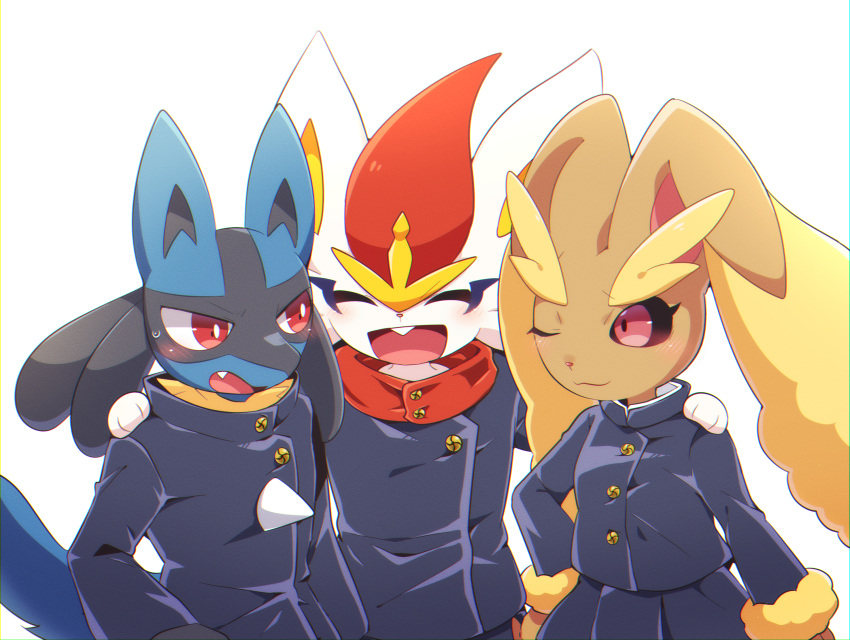 1girl 2boys :3 ^_^ animal_ears animal_hands animal_nose arm_around_shoulder arms_up black_fur black_jacket black_sclera black_skirt blue_fur blush body_fur brown_fur buck_teeth buttons chromatic_aberration closed_eyes closed_mouth clothed_pokemon colored_sclera commentary_request cosplay fang furry furry_female furry_male fushiguro_megumi fushiguro_megumi_(cosplay) hand_on_hip happy highres itadori_yuuji itadori_yuuji_(cosplay) jacket jujutsu_kaisen kugisaki_nobara kugisaki_nobara_(cosplay) long_sleeves looking_at_another looking_to_the_side lopunny lucario multiple_boys one_eye_closed open_mouth partial_commentary pleated_skirt pokemon pokemon_(creature) rabbit_boy rabbit_ears rabbit_girl red_eyes red_shirt redhead school_uniform scorbunny shirt short_hair simple_background skirt smile snout spikes standing subaru331 sweat tail teeth two-tone_fur upper_body white_background white_fur white_shirt wolf_boy wolf_ears wolf_tail yellow_fur