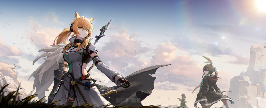 1other 2girls 50mgnicotine absurdres ambiguous_gender amiya_(arknights) animal_ears arknights barcode belt bird black_gloves black_jacket black_legwear blonde_hair blue_bow blue_eyes bow breasts brown_hair clouds cloudy_sky commentary commentary_typo copyright_name dated detached_sleeves doctor_(arknights) from_behind gauntlets gloves grass hair_between_eyes hair_bow hands_in_pockets headset highres holstered_weapon horse_ears implied_extra_ears jacket large_breasts long_sleeves looking_at_viewer looking_back multiple_girls nearl_(arknights) nearl_the_radiant_knight_(arknights) outdoors pantyhose ponytail shirt sky vial waist_cutout weapon weapon_on_back white_shirt