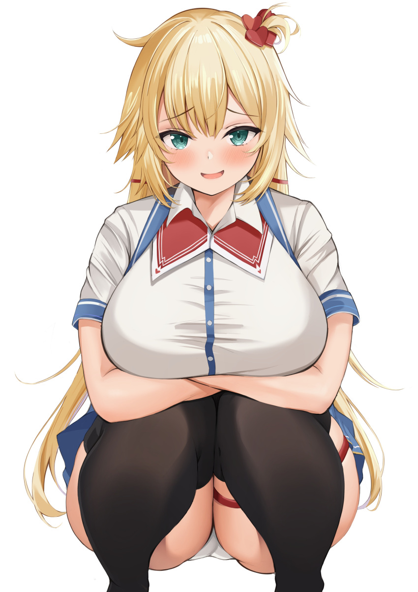 1girl absurdres akai_haato aqua_eyes bangs black_legwear blonde_hair blush breasts commentary_request dot_nose eyebrows_visible_through_hair hair_ornament heart heart_hair_ornament highres hololive huge_breasts long_hair looking_at_viewer neneneji open_mouth panties pantyshot plump shirt short_sleeves simple_background skirt smile solo thigh-highs underwear very_long_hair virtual_youtuber white_background