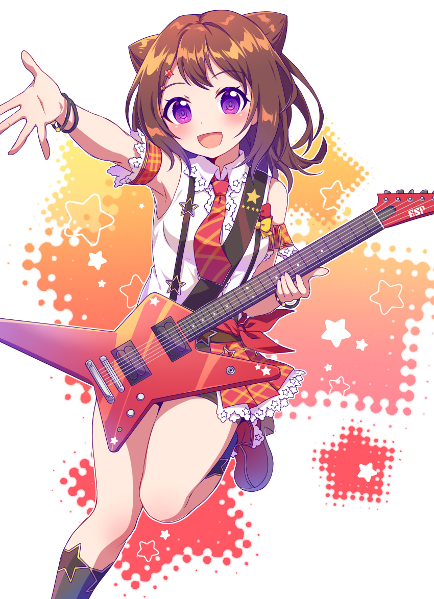 1girl :d absurdres bang_dream! bangs black_legwear black_shorts breasts brown_hair caramell0501 collared_shirt commentary_request electric_guitar eyebrows_visible_through_hair guitar hair_cones high_heels highres holding holding_instrument instrument long_hair looking_at_viewer necktie outstretched_arm pleated_skirt red_footwear red_necktie red_skirt shirt short_shorts shorts showgirl_skirt skirt sleeveless sleeveless_shirt small_breasts smile socks solo standing standing_on_one_leg star_(symbol) starry_background suspender_skirt suspenders toyama_kasumi violet_eyes white_shirt