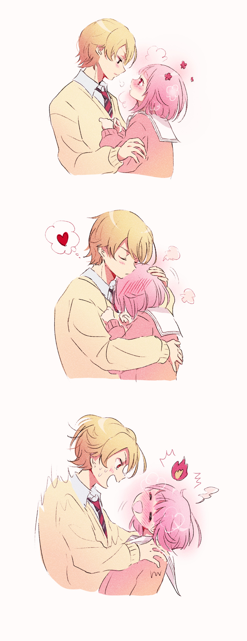 1boy 1girl absurdres blonde_hair blush closed_eyes hand_on_another's_head heart highres hug long_sleeves looking_at_another momomo_(m0_3) necktie open_mouth pink_hair pink_sweater project_sekai sailor_collar school_uniform short_hair simple_background sweater white_sailor_collar yellow_sweater