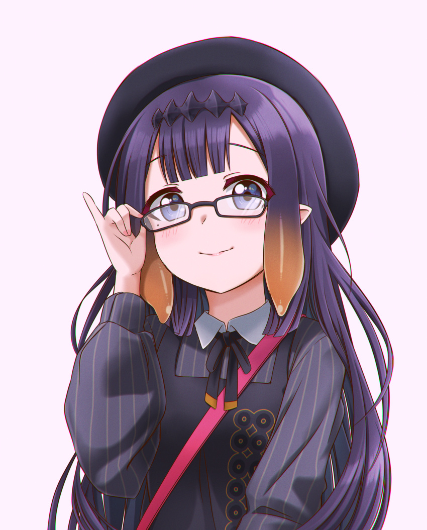 1girl absurdres adjusting_eyewear bangs blunt_bangs glasses gradient_hair hat highres hololive hololive_english jan_azure long_hair mole mole_under_eye multicolored_hair ninomae_ina'nis orange_hair pink_background pinky_out pointy_ears purple_hair simple_background smile solo tentacle_hair virtual_youtuber