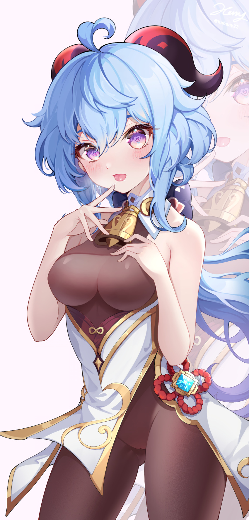 1girl absurdres ahoge ass_visible_through_thighs bangs bare_arms bell black_legwear blue_hair blush bodystocking bodysuit bow breasts chinese_knot crotch flower_knot ganyu_(genshin_impact) genshin_impact gold_trim hahany hand_on_own_chest heart heart-shaped_pupils highres horns long_hair looking_at_viewer low_ponytail medium_breasts neck_bell no_gloves pantyhose pelvic_curtain saliva sidelocks sleeveless solo standing symbol-shaped_pupils thigh_gap thighlet thighs tongue violet_eyes vision_(genshin_impact)