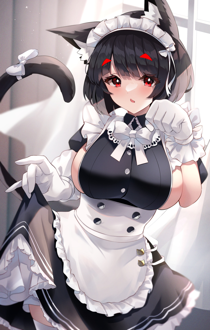 1girl absurdres animal_ear_fluff animal_ears apron azur_lane bangs black_hair black_shirt black_skirt bow bowtie breasts cat_ears cat_tail clothes_lift commentary_request curtains eyebrows_visible_through_hair frilled_apron frilled_skirt frills gloves hair_bow hand_up highres indoors large_breasts lifted_by_self looking_at_viewer maid_headdress mismatched_eyebrows open_mouth red_eyes shirt short_hair sideboob skirt skirt_lift solo standing tail tail_bow tail_ornament thigh-highs waist_apron white_apron white_bow white_bowtie white_gloves white_legwear window yamaha_tsui yamashiro_(azur_lane)