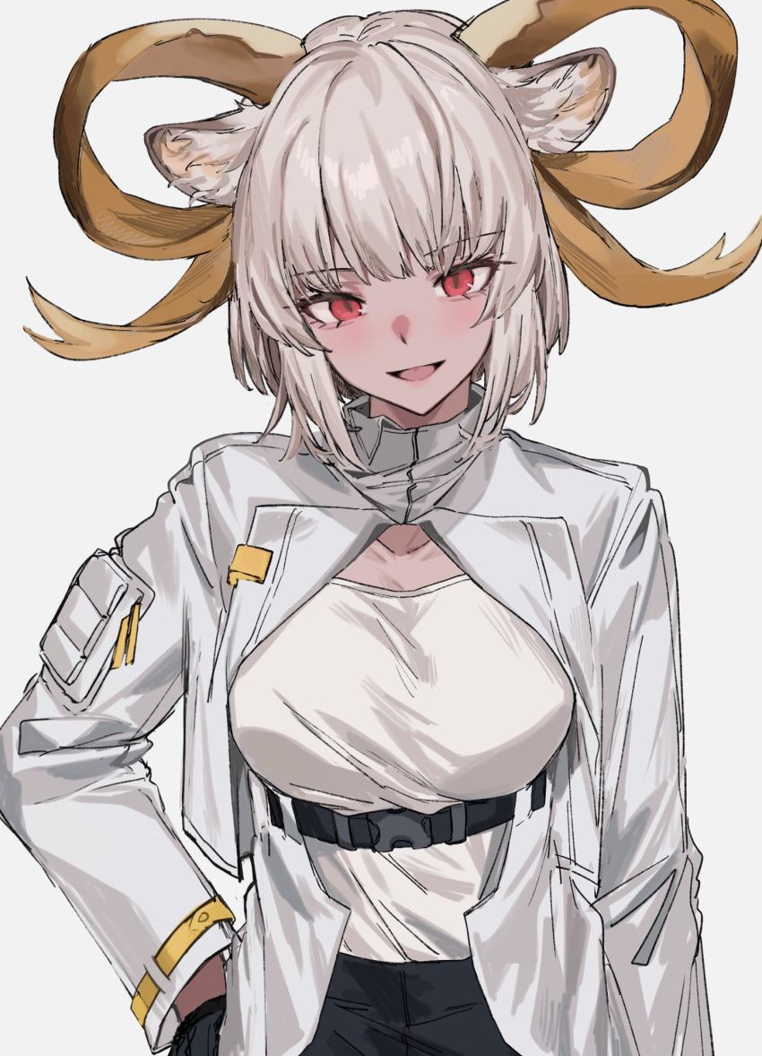 1girl :d animal_ears aogisa arknights bangs black_gloves black_skirt blush breasts carnelian_(arknights) collarbone cowboy_shot cropped_jacket dark-skinned_female dark_skin eyebrows_visible_through_hair gloves goat_ears goat_girl goat_horns grey_hair hand_on_hip highres horns jacket long_sleeves looking_at_viewer medium_breasts open_clothes open_jacket open_mouth red_eyes shirt short_hair simple_background skirt smile solo underbust white_background white_jacket white_shirt
