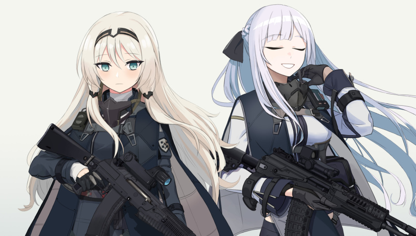 2girls ak-12 ak-12_(girls'_frontline) an-94 an-94_(girls'_frontline) assault_rifle black_gloves blonde_hair braid breasts closed_eyes dlarudgml21 french_braid girls_frontline gloves green_eyes gun highres holding holding_gun holding_weapon kalashnikov_rifle long_hair long_sleeves magazine_(weapon) mask mask_around_neck medium_breasts multiple_girls reflex_sight rifle scope sidelocks sight silver_hair tactical_clothes weapon