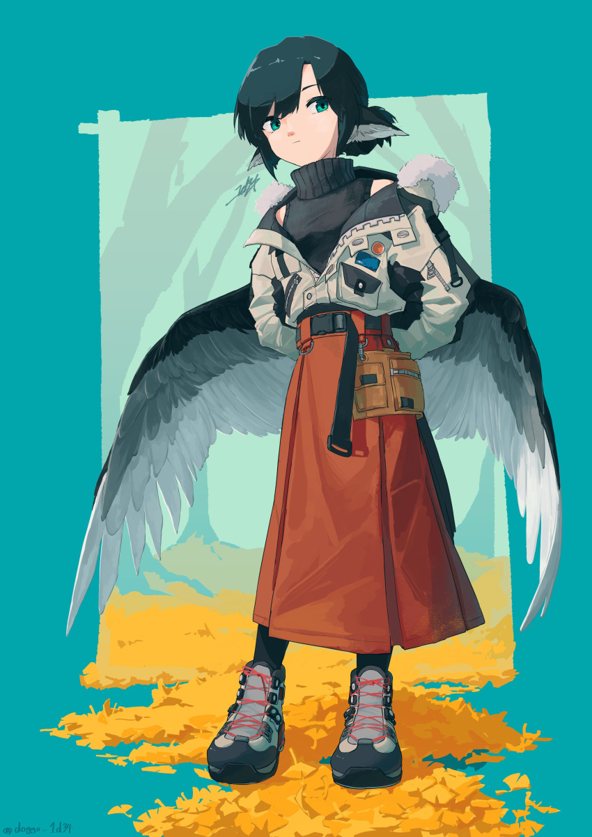 1girl absurdres animal_ears aqua_background aqua_eyes artist_name bangs bare_shoulders belt bird_ears bird_girl black_belt black_hair black_legwear black_sweater black_wings buckle closed_mouth cross-laced_footwear doggo_1d34 expressionless eyebrows_visible_through_hair full_body fur-trimmed_jacket fur_trim ginkgo_leaf grey_footwear grey_jacket grey_wings highres hood hood_down hooded_jacket jacket long_skirt long_sleeves looking_at_viewer off_shoulder orange_skirt original outdoors outside_border pleated_skirt ponytail ribbed_sweater shoelaces shoes short_hair signature skirt sleeveless sleeveless_sweater snap-fit_buckle solo standing sweater turtleneck turtleneck_sweater utility_belt white_wings wings zipper