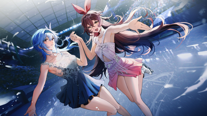 2girls :d absurdres alternate_costume amber_(genshin_impact) bangs black_dress blue_hair brown_eyes brown_hair collarbone crowd dress eula_(genshin_impact) figure_skating_dress flower genshin_impact glass_ceiling hair_between_eyes hair_flower hair_ornament hairband highres holding_hands ice_skates indoors long_hair looking_at_viewer multiple_girls outstretched_arm parted_lips pink_dress red_ribbon reflective_floor ribbon sayuki_0123 skates skating_rink smile stadium standing standing_on_one_leg violet_eyes