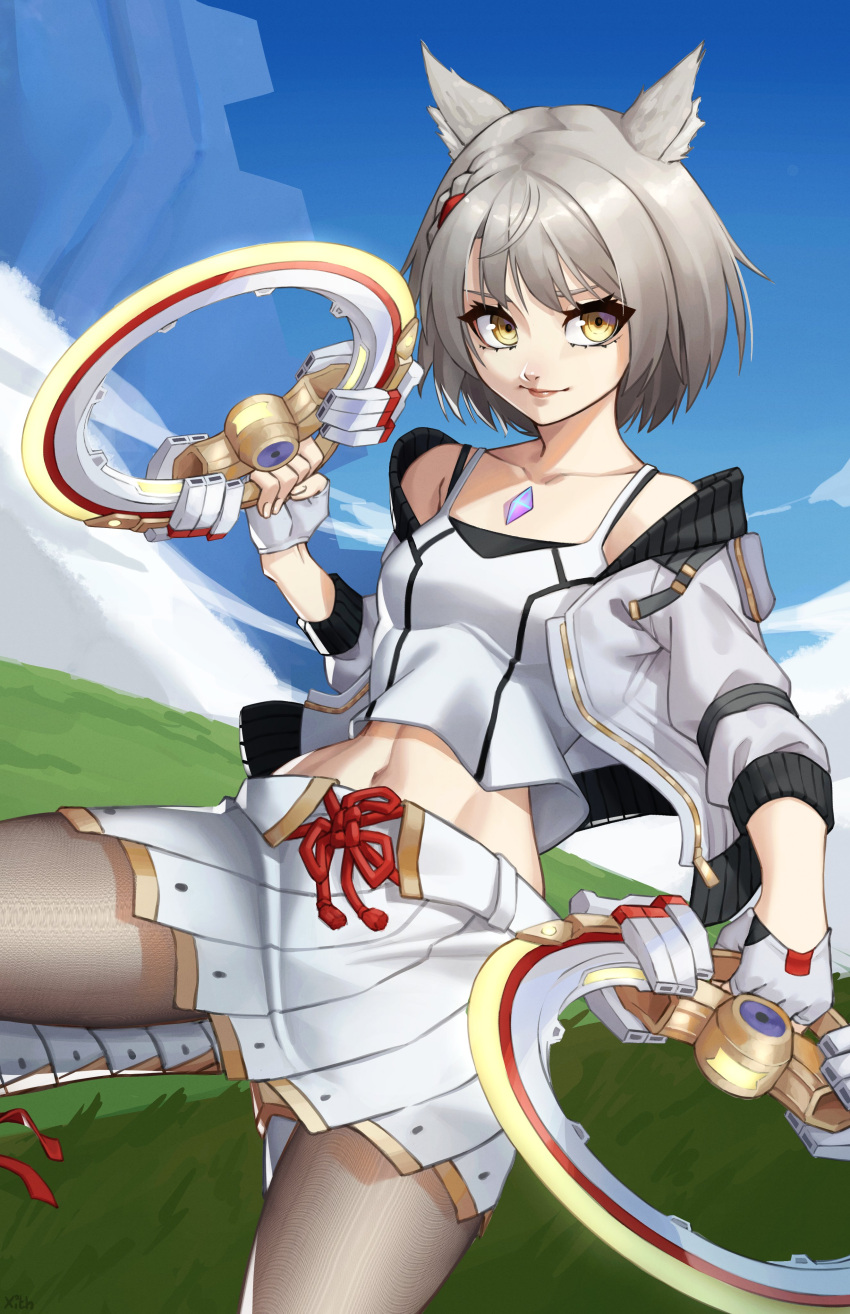 1girl absurdres animal_ears bangs breasts camisole cat_ears chakram chest_jewel collarbone eyebrows_visible_through_hair highres jacket looking_at_viewer mio_(xenoblade) pantyhose short_hair skirt sky small_breasts solo tank_top weapon white_camisole white_hair white_jacket white_skirt white_tank_top x_xith_x xenoblade_chronicles_(series) xenoblade_chronicles_3 yellow_eyes