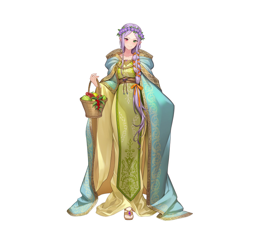 1girl absurdres bangs basket commentary_request dress fire_emblem fire_emblem:_the_binding_blade fire_emblem_heroes flower food fruit full_body gold_trim green_eyes hair_ornament head_wreath heterochromia highres holding hood hood_down idunn_(fire_emblem) kakage long_dress long_hair looking_at_viewer official_art parted_bangs pointy_ears purple_hair red_eyes sandals simple_background smile solo standing tied_hair toes white_background