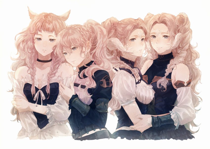 4girls absurdres animal_ears au_ra avatar_(ff14) bare_shoulders black_choker black_jacket black_shirt blue_eyes braid cat_ears choker closed_mouth collarbone commentary_request crown_braid detached_sleeves dress ff14yonah final_fantasy final_fantasy_xiv freckles frilled_dress frills hand_on_another's_arm highres horns hug hyur jacket long_hair long_sleeves miqo'te multiple_girls off-shoulder_dress off_shoulder parted_lips pink_hair ponytail ribbon scales shirt short_sleeves simple_background sleeveless sleeveless_shirt smile twin_braids upper_body white_background white_dress white_ribbon white_sleeves