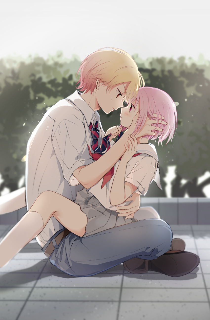 1boy 1girl absurdres blonde_hair blue_pants blurry blurry_background bush face-to-face grey_shirt hands_on_another's_head hetero highres momomo_(m0_3) neckerchief necktie ootori_emu open_mouth outdoors pants pink_eyes pink_hair project_sekai red_neckerchief sailor_collar school_uniform shirt shirt_tucked_in short_sleeves sitting tenma_tsukasa white_legwear white_sailor_collar white_shirt