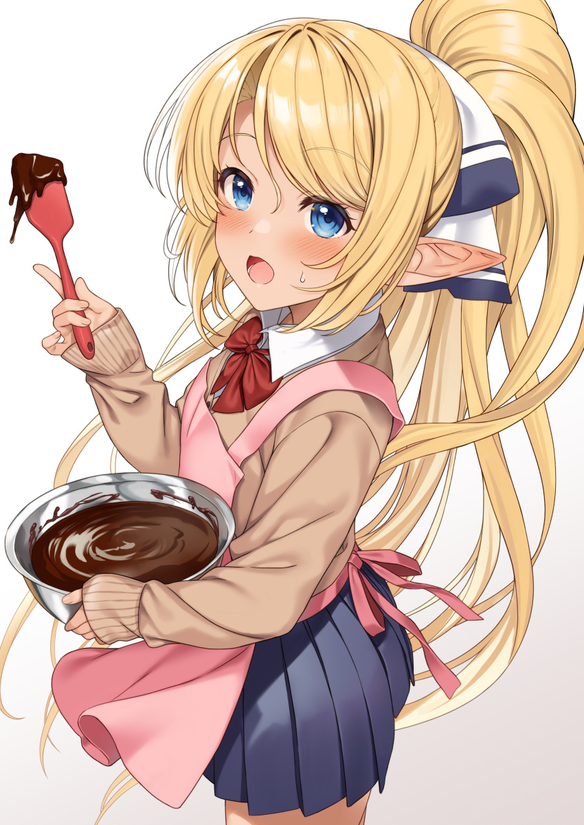 1girl absurdres apron blonde_hair blue_eyes blue_skirt blush bow bowl bowtie brown_cardigan cardigan chocolate collared_shirt cooking cowboy_shot enjo_kouhai eyebrows_visible_through_hair highres holding iris_(takunomi) long_hair looking_at_viewer miniskirt open_mouth pink_apron pleated_skirt pointy_ears ponytail red_bow red_bowtie school_uniform shirt simple_background skirt solo takunomi very_long_hair white_background wing_collar