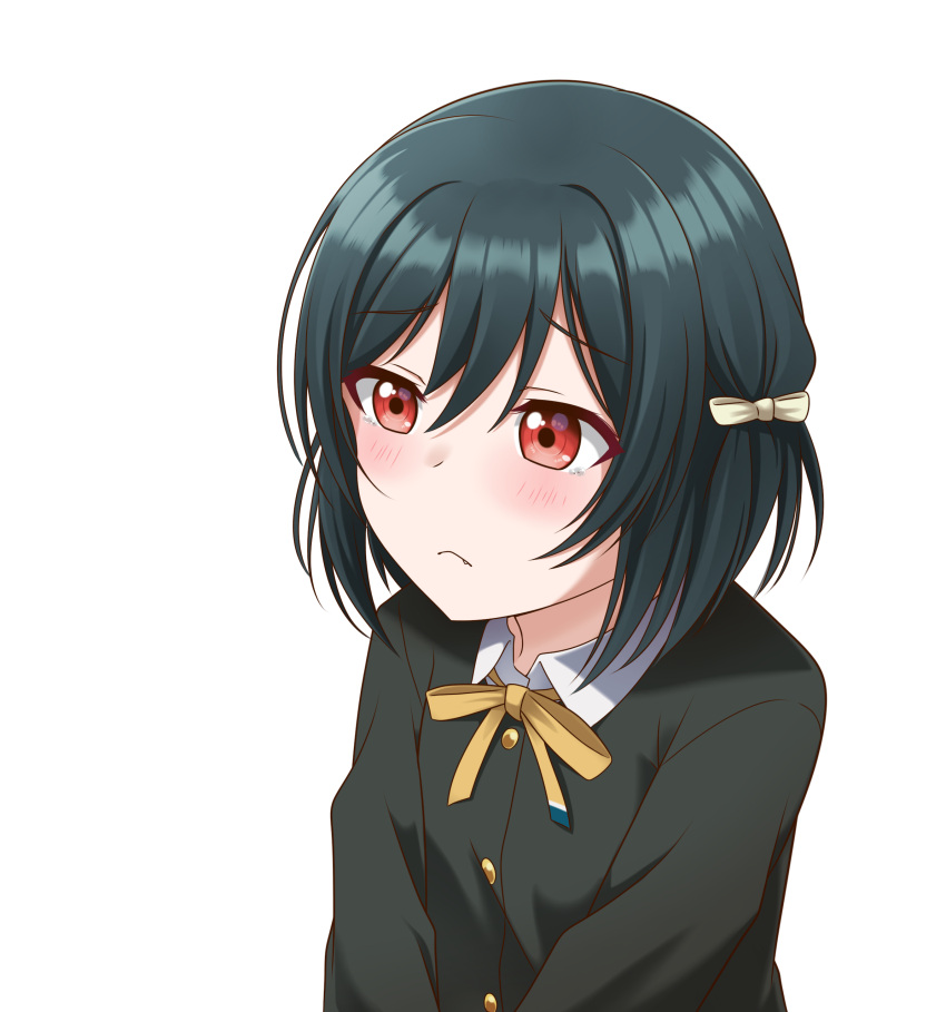 1girl absurdres black_hair blush closed_mouth eyebrows_visible_through_hair fang fang_out highres jan_azure looking_away love_live! love_live!_nijigasaki_high_school_idol_club mifune_shioriko red_eyes short_hair solo tearing_up transparent_background upper_body