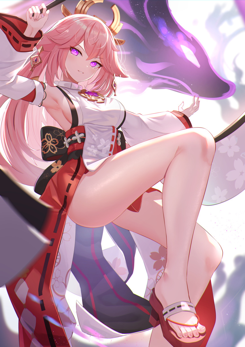 1girl absurdres animal_ears arm_up armpits bare_legs bare_shoulders breasts detached_sleeves earrings fox_ears genshin_impact grin hair_ornament highres japanese_clothes jewelry knee_up large_breasts long_hair long_sleeves looking_at_viewer miko mirufuaa obi outstretched_arm pink_hair platform_footwear sash sideboob smile solo thighs violet_eyes wide_sleeves yae_miko zouri