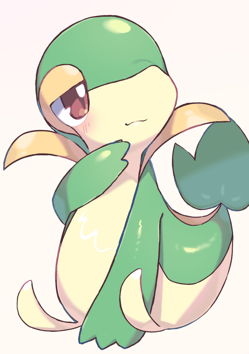 :3 absurdres animal_focus blush closed_mouth commentary full_body half-closed_eyes hand_to_own_mouth hand_up happy highres looking_to_the_side moumoufuton no_humans pink_background pokemon pokemon_(creature) red_eyes shiny shiny_skin simple_background sitting smile snivy solo