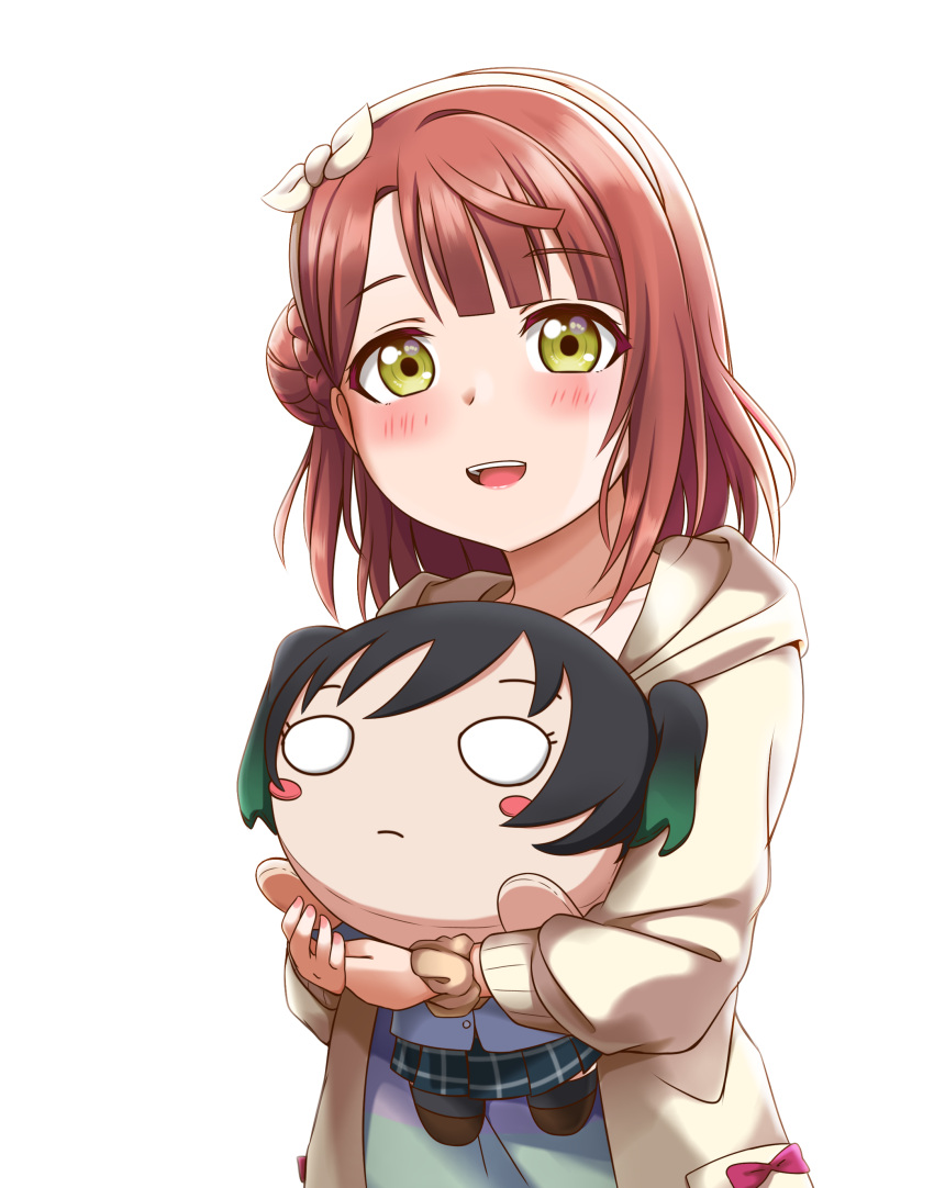 1girl absurdres blush brown_hair character_doll collarbone eyebrows_visible_through_hair hair_bun hairband highres jan_azure lips looking_at_viewer love_live! love_live!_nijigasaki_high_school_idol_club nesoberi open_mouth short_hair simple_background smile solo takasaki_yuu teeth uehara_ayumu upper_teeth white_background yellow_eyes