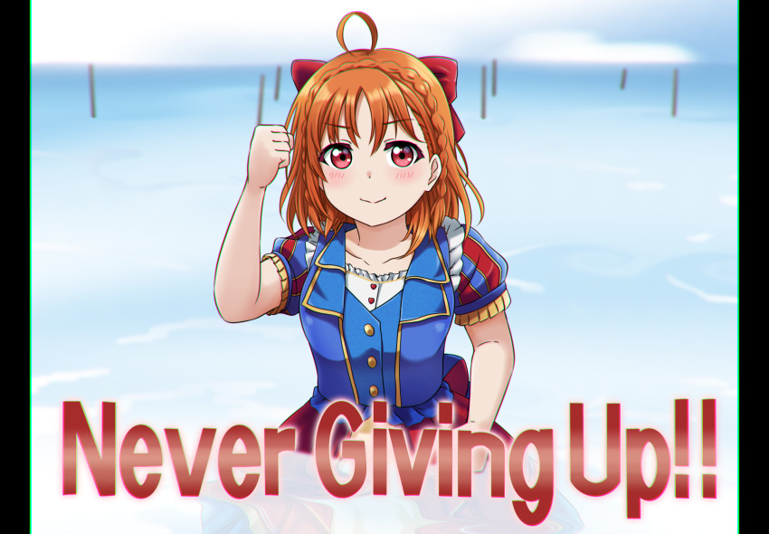 1girl absurdres ahoge bow clenched_hand collarbone day english_text engrish_text eyebrows_visible_through_hair hair_bow highres jan_azure looking_at_viewer love_live! love_live!_sunshine!! matsuoka_shuuzou ocean orange_hair outdoors pillarboxed ranguage real_life red_bow red_eyes short_hair short_sleeves takami_chika water