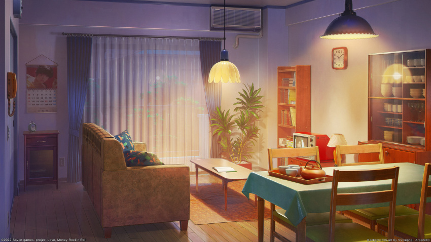 3d air_conditioner arsenixc calendar_(object) clock commentary_request couch cup highres indoors lamp lightning mixed-language_commentary night no_humans original pillow reflection scenery table television tree window