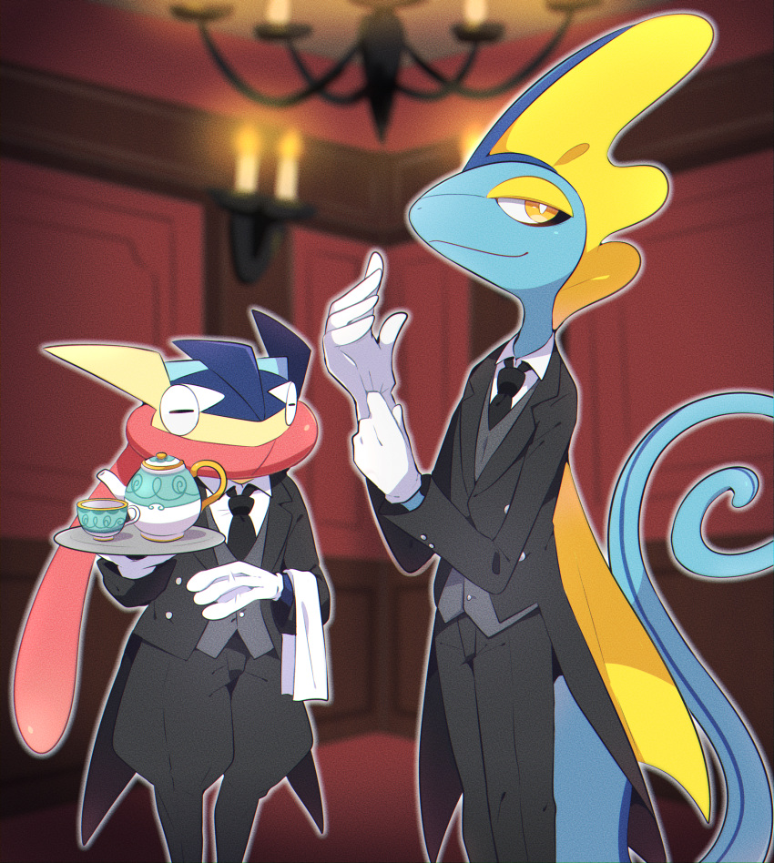 2boys absurdres adjusting_clothes adjusting_gloves black_coat black_necktie black_pants blue_skin blurry blurry_background bright_pupils butler candle chandelier chromatic_aberration closed_eyes closed_mouth clothed_pokemon coat collared_shirt colored_skin commentary_request cup formal frog_boy furry furry_male gloves greninja grey_vest half-closed_eyes hands_up happy head_fins highres holding holding_tray indoors inteleon lizard_tail long_tongue looking_to_the_side male_focus multicolored_skin multiple_boys napkin necktie open_clothes open_coat outline own_hands_together pants partial_commentary pokemon pokemon_(creature) polteageist puffy_pants reptile_boy shirt sinistea smile standing subaru331 tail tailcoat teacup teapot tongue tongue_out tray two-tone_skin vest white_gloves white_outline white_pupils white_shirt yellow_eyes yellow_skin