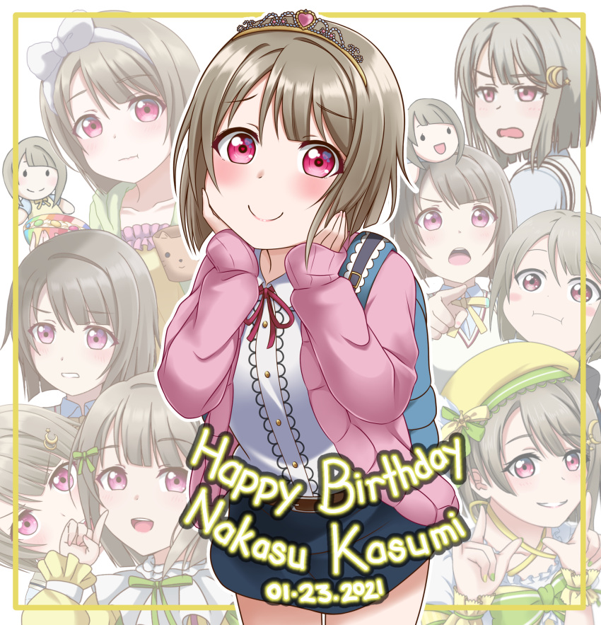 1girl backpack bag belt blush brown_hair character_name closed_mouth dated eyebrows_visible_through_hair hands_on_own_cheeks hands_on_own_face happy_birthday highres jan_azure lips long_sleeves looking_at_viewer love_live! love_live!_nijigasaki_high_school_idol_club nakasu_kasumi pink_eyes short_hair smile solo tiara