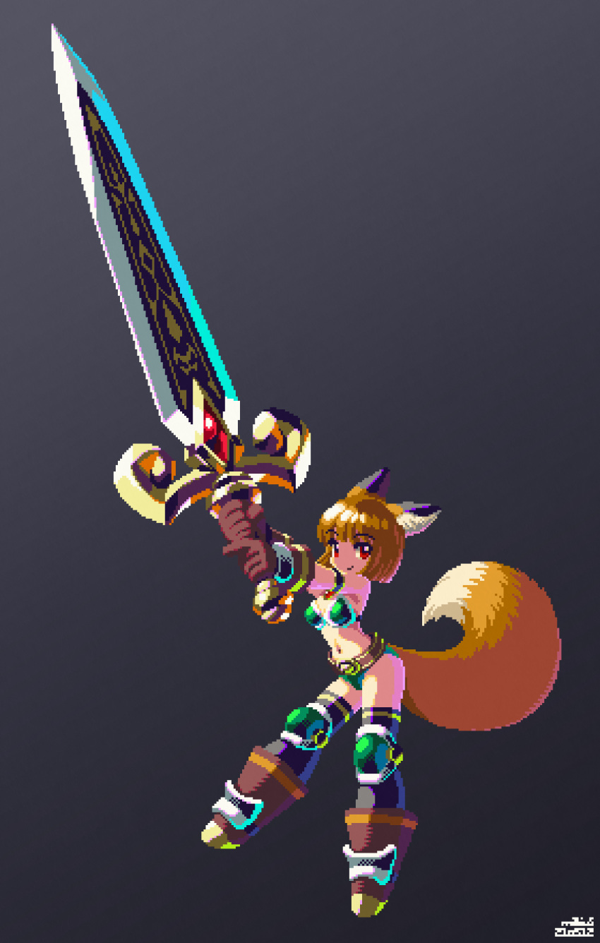 1girl animal_ears armor armpits arms_up artist_name bangs bare_shoulders belt bikini bikini_armor black_legwear blunt_bangs bob_cut boots brown_belt brown_footwear brown_gloves brown_hair closed_mouth commentary dated fox_ears fox_tail full_body gloves gradient gradient_background green_armor green_bikini grey_background highres holding holding_sword holding_weapon huge_weapon mabius navel original pixel_art red_eyes short_hair signature smile solo standing swimsuit sword tail thigh-highs two-handed two-handed_sword warrior weapon