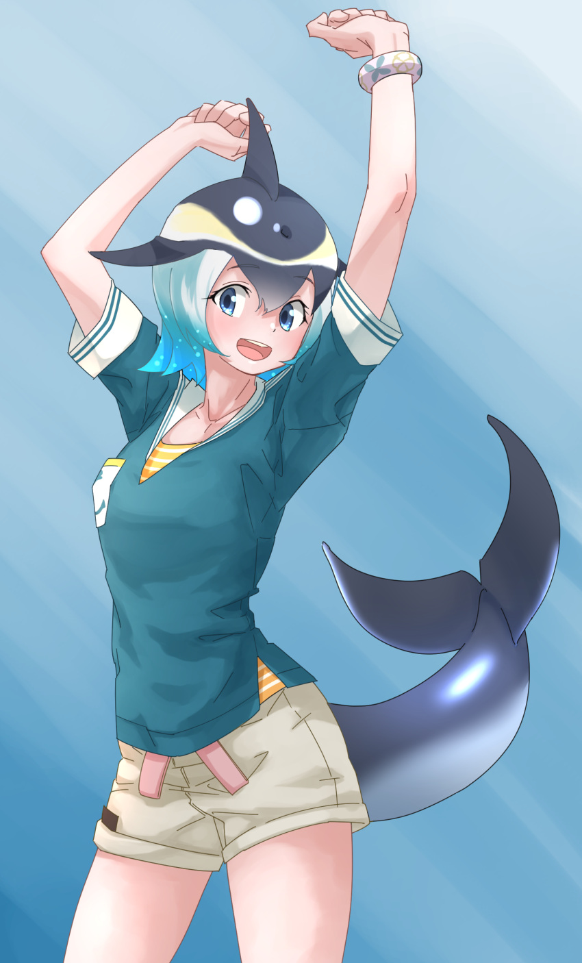 1girl absurdres arms_up black_hair blue_eyes blue_hair blush bracelet breast_pocket common_dolphin_(kemono_friends) dolphin_tail eyebrows_visible_through_hair highres jewelry kemono_friends looking_at_viewer multicolored_hair open_mouth pocket short_hair shorts smile solo tail tanabe_(fueisei) teeth upper_teeth