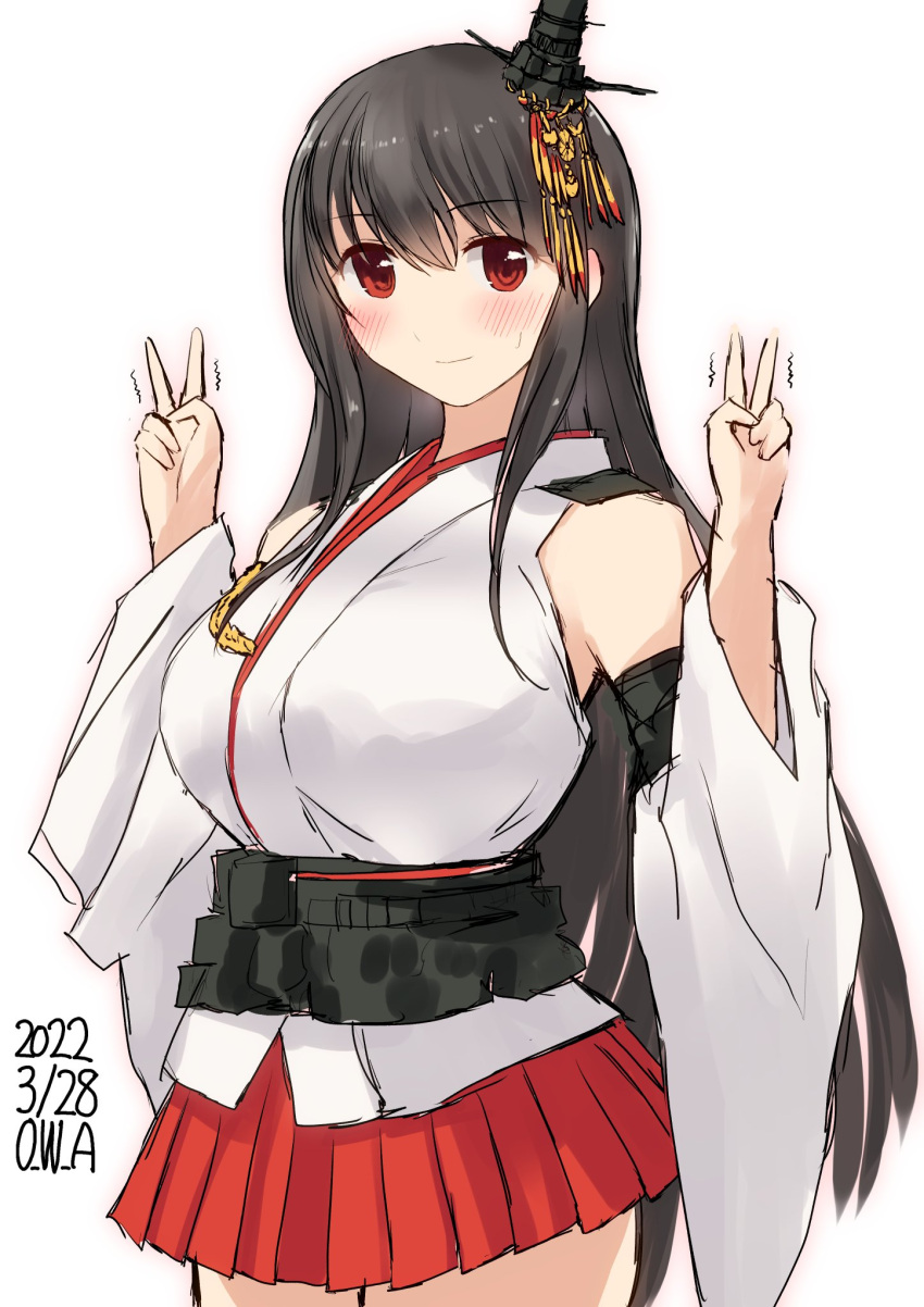 1girl artist_name black_hair commentary_request cowboy_shot dated detached_sleeves double_v fusou_(kancolle) hair_ornament headgear highres japanese_clothes kantai_collection long_hair looking_at_viewer one-hour_drawing_challenge owa_(ishtail) red_eyes red_skirt simple_background skirt solo standing v white_background