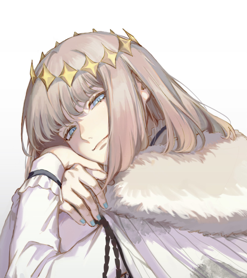 1boy bangs blue_eyes blue_nails cape crown diamond_hairband fate/grand_order fate_(series) feet_out_of_frame fur-trimmed_cape fur_trim grey_hair highres hugging_own_legs long_hair long_sleeves looking_at_viewer male_focus nail oberon_(fate) rerheart simple_background sitting smile solo type-moon white_background