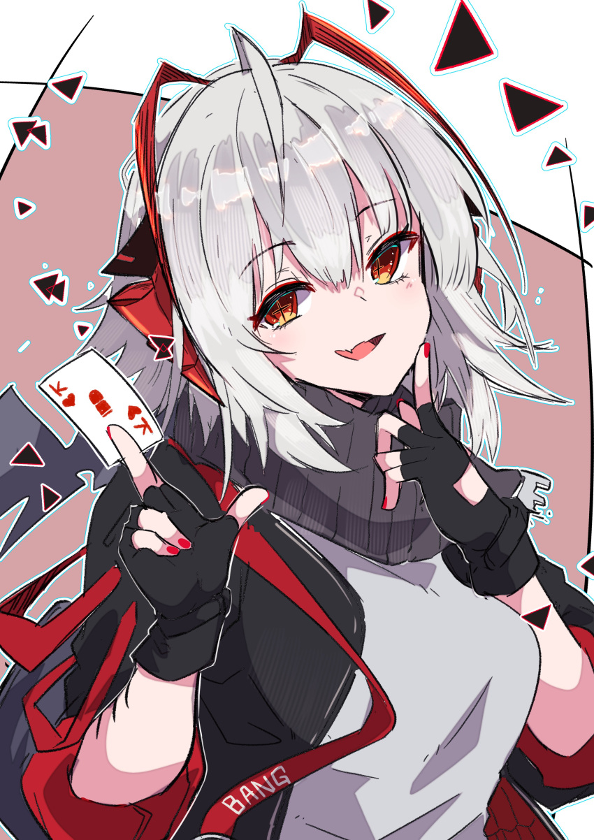 +_+ 1girl :d absurdres antenna_hair arknights bangs black_gloves black_jacket black_scarf breasts card eyebrows_visible_through_hair finger_to_cheek fingerless_gloves gloves grey_shirt highres holding holding_card jacket kurarome long_sleeves looking_at_viewer medium_breasts multicolored_hair nail_polish open_clothes open_jacket open_mouth playing_card red_eyes red_nails redhead scarf shirt short_hair silver_hair smile solo two-tone_background two-tone_hair upper_body w_(arknights)
