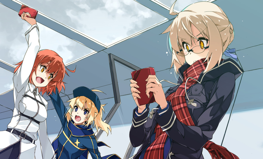 3girls ahoge arm_up artoria_pendragon_(fate) bangs baseball_cap black-framed_eyewear black_jacket blonde_hair blue_eyes blue_headwear blue_ribbon braid braided_bun closed_mouth clouds cloudy_sky collar commentary day eyebrows_visible_through_hair fang fate/grand_order fate_(series) fringe_trim frown fujimaru_ritsuka_(female) gift glasses hair_bun hair_ribbon hair_through_headwear hat highres holding holding_gift indoors jacket long_sleeves looking_at_another looking_back multiple_girls mysterious_heroine_x_(alter)_(fate) mysterious_heroine_x_(fate) open_clothes open_jacket open_mouth orange_eyes plaid plaid_scarf ponytail reaching red_scarf redhead ribbon rimless_eyewear scarf shikei skin_fang sky standing valentine white_collar