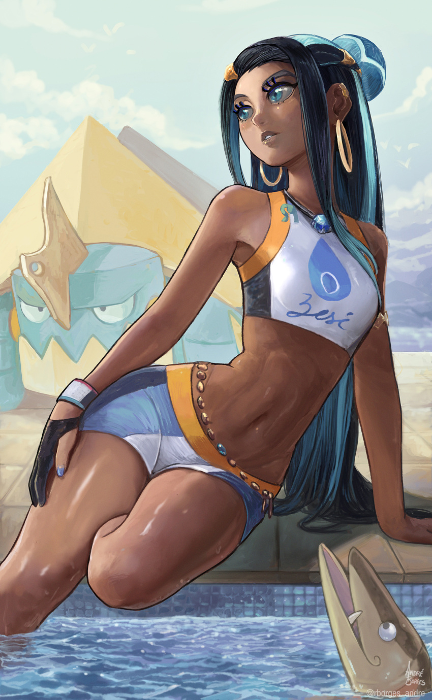 1girl abs absurdres andre_borges arm_support armlet arrokuda belly_chain bike_shorts black_hair blue_eyes blue_hair clouds commentary_request dark-skinned_female dark_skin day drednaw dynamax_band earclip earrings gloves hair_bun hand_on_own_thigh highres hoop_earrings jewelry leaning_to_the_side long_hair looking_to_the_side multicolored_hair navel necklace nessa_(pokemon) outdoors parted_lips partially_fingerless_gloves pokemon pokemon_(creature) pokemon_(game) pokemon_swsh pool shiny shiny_skin single_glove sitting sky two-tone_hair water