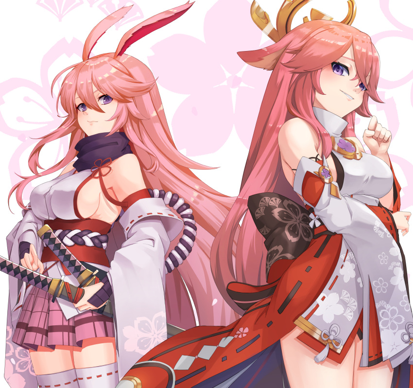 2girls absurdres animal_ears bangs bare_shoulders breasts cream_bread crossover floral_background fox_ears genshin_impact highres honkai_(series) honkai_impact_3rd japanese_clothes katana long_hair looking_at_viewer mihoyo_technology_(shanghai)_co._ltd. miko multiple_girls pink_hair pink_skirt sakura_ayane sheath sheathed sideboob skirt smile sword thigh-highs trait_connection violet_eyes voice_actor_connection weapon white_legwear white_sleeves yae_miko yae_sakura yae_sakura_(gyakushinn_miko)