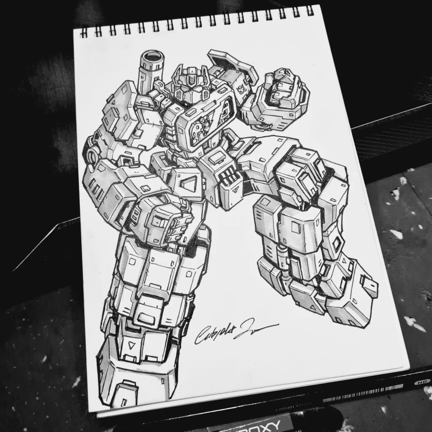 clenched_hands decepticon english_commentary fighting_stance greyscale highres ink_(medium) looking_at_viewer mecha monochrome no_humans notebook pen science_fiction solo soundwave subjekt_zero traditional_media transformers