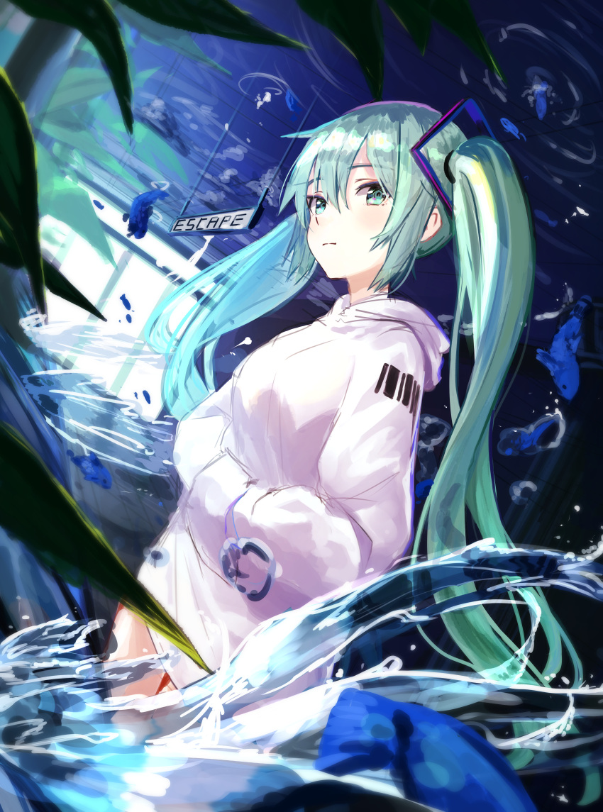 1girl absurdres aqua_eyes aqua_hair bangs closed_mouth dutch_angle eyebrows_visible_through_hair hair_between_eyes hair_ornament hatsune_miku highres hood hood_down hooded_sweater long_hair long_sleeves naked_sweater rei_(farta_litia) shiny shiny_hair sketch solo standing sweater twintails very_long_hair vocaloid white_sweater